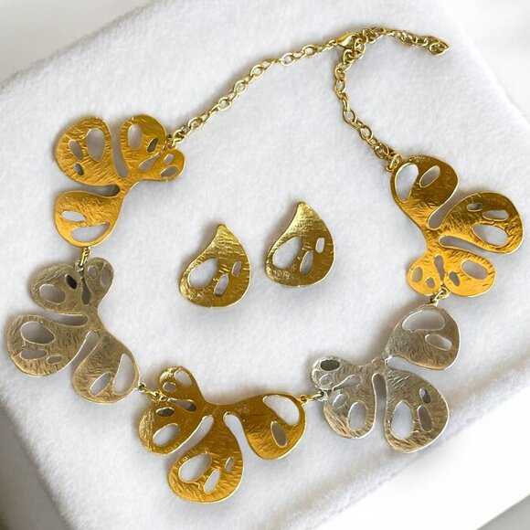 Minimalist Two Tone Gold Plated Necklace Earrings Set Chunky Jewelry Set - Picture 1 of 2